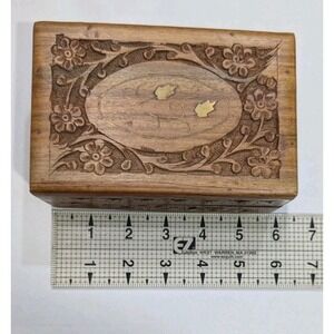 Vintage  Carved Wooden Jewelry Trinket Treasure Keepsake Inlaid 6" Box